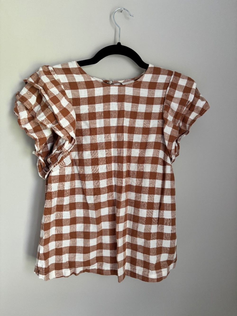 A New Day Brown & White Gingham Ruffle Sleeve Top | XS | Cottagecore